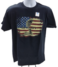 Black T-Shirt w/ Black Shelby Cobra Emblem & Script w/ American Flag Background