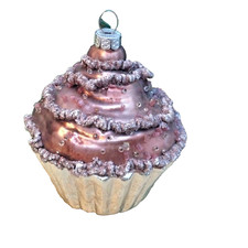 Mocha Chocolate Cupcake glass ornament  bauble 10cm tall Silver Hand Painted