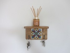 2 hook key holder wall mounted shelf reclaimed wood & Mexican tiles