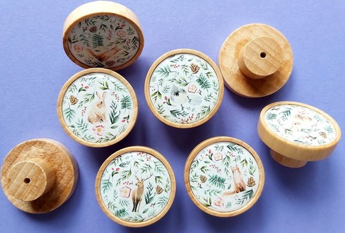 Floral print wooden knobs - 4x,