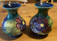 Vintage Pair Moorcroft Hibiscus Vases X2 Purple red Flowers Green 5.5” Blue