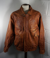 Mens Aviatrix Brown Leather Biker Style Bomber Jacket - Size Large