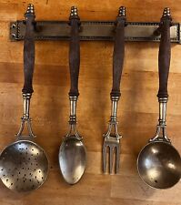 Vintage Set Brass & Wood Hanging Kitchen Utensils With Hanging Rail 5 Piece Old