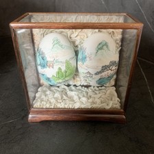 Vintage Pair of Chinese hand painted Eggs in glass case