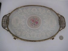 VINTAGE EMBROIDERY LACE & PETIT POINT OVAL DRESSING TABLE TRAY FILIGREE HANDLES