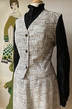 VINTAGE 60s 70s SKIRT & WAISTCOAT SUIT DRESS MODERN Sz 14 DAISY PRINT TWIGGY ERA