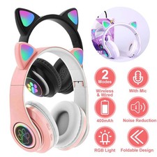 Boys Girls Headphones Wireless Bluetooth Headset LED Lights Cat Ear Earphone
