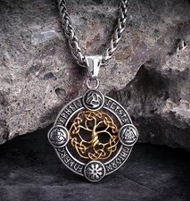 Norse Rune Life Tree Necklace Men Gold Color Stainless Steel Pendant Valknut