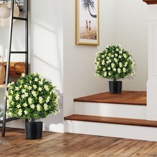 2 Pack Artificial Boxwood Topiary Ball Tree with White Flowers Green Leaves PE