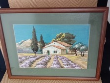 Vintage Tapestry Embroidered Cottage  Picture Cottagecore Lavender Handmade 