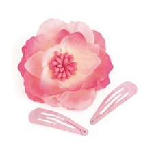  Three piece pink tone glitter effect snap clip and layed flower clip set