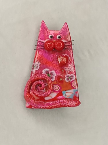 Whimsical pink cat brooch - cat,