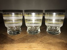 Vintage Set 3 White Sugar Frosted Yellow Banded Tumblers Drinking Glasses 50s