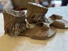 Next Leather Light Brown Fringe/Beaded Sandals 6 1/2 / 40 Size