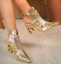 Elegant Golden Crocodile Pattern High Heel Boots with Ankle Strap-Pointed Toe 