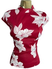 KAREN MILLEN ❤️ 12 UK RED CREAM Chinese Oriental Floral Corset Style Top Blouse
