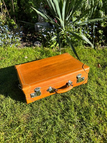 Old tan leather suitcase - old,