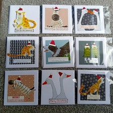 Unique Unusual Handmade Christmas Card Bundle X 9 Animals In Santa Hats 12x12cm
