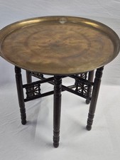Side Table Brass Tray Top Vintage Folding Round Mahogany Decor Diameter 57 Cm