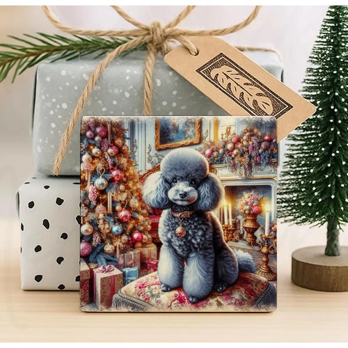 Grey poodle christmas coaster - poodle,