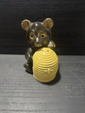 Vintage Japan Black Brown Honey Bear Hugging Bee Hive Salt & Pepper Shakers 4.5"