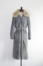 70s Highway steel grey suede long coat with faux fur collar and patch pockets, S