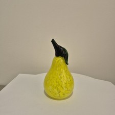 Art Glass Pear Fruit Paperweight Yellow 13.3cm Hand Blown - Some Damage 