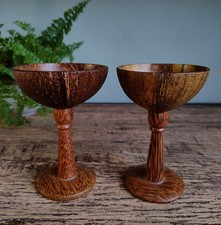 Unusual Pair of Handcrafted Carved Coconut Goblets Rustic Natural Decorative