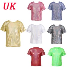 UK Girls Shiny Metallic T-shirts Sequined Jazz Dance Tops Dancewear Costumes