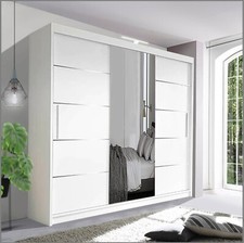 Sleek Sliding Door Wardrobe with Center Mirror, LED Light, and Spacious Storage