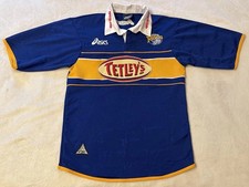 Vintage ASICS Leeds Rhinos Blue Short Sleeve Rugby Shirt Top 1999 2000 S / M