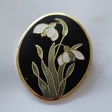 Vintage Fish Crown Cloisonne Enamel Snowdrop Brooch Stamped Oval Shaped