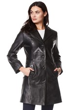 TRENCH Ladies Real Leather Jacket Black Classic Knee-Length Designer Coat 3457
