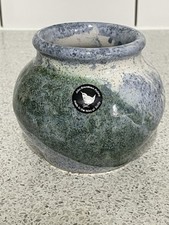 JOHN BOURDEAUX POTTERY BLUE & GREEN SQUAT VASE  ISLES OF SCILLY SEAL MARK JB