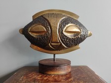 Vintage Heavy Brass Display Mask On Wooden Stand Gold Black Closed Eyes Face