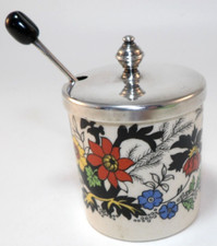 Vintage Sandland Ware Canton Black Edge 2 1/4" Jam Pot & Spoon Lot B 1930s VGVC