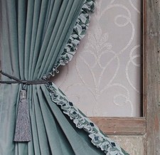 One Green Velvet Frilled Door Curtain. Abstract Lining. Unique. 146cmW x 205cmL