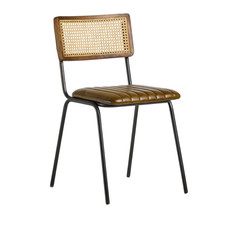 Leather Dining Chair Brown Upholstered Seat & Cane Backrest, Natural Metal Frame
