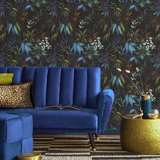 Blue Willow Leaf Wallpaper Botanical Black Teal Feature Wall Lounge Bedroom