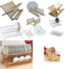 Foldable Dish Drainer Wooden Metal Chrome Wire Dinner Plates Rack Stand Holder 