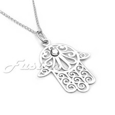 .925 Sterling Silver Hamsa Hand Filigree Pendant Necklace & Curb Chain P064