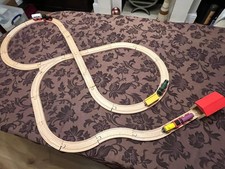 Nice Wooden Push Toy Train Set With 3 trains  Interlocking Track Pieces Bridge