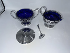 Vintage Silver Metal And Blue Lined Sugar Bowl & Spoon And Milk / Cream Jug