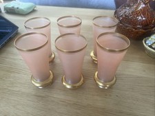 Midcentury Pink Frosted Bohemian Set Of 6 Glasses with Gilt Detailing c.1950s