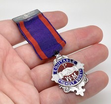 Antique 1928 Sterling Silver Enamel Friendly Society Medal Medal + Ribbon