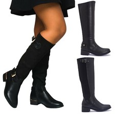 WOMENS LADIES KNEE HIGH FLAT WINTER RIDING MID CALF BUCKLE ZIP BOOTS UK SIZE 3-8
