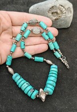 Textured silver STAR Magnesite Turquoise stone ethnic heishi bead necklace 925