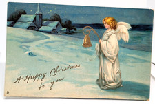 Antique Vtg Merry Christmas Angel Cherub Bell Snow Church Used Postcard (PC464)