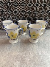 5x Crown Dynasty Mugs Footed Ceramic Cups Blue Yellow Flowers Vintage