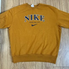 Nike Small Oversized Fit Sweatshirt Spellout Print Logo Pullover Mustard Jumper 